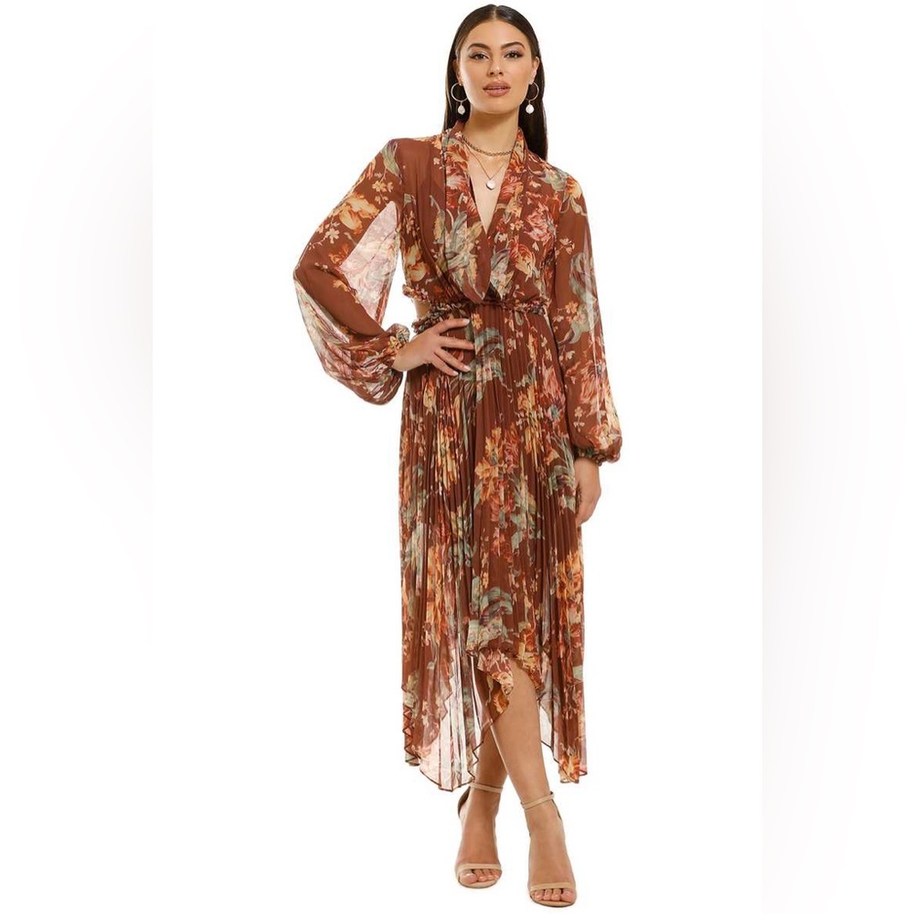 Keepsake Unravel Tie Neck Floral Print Pleated Dress in Chocolate Lily Small US4